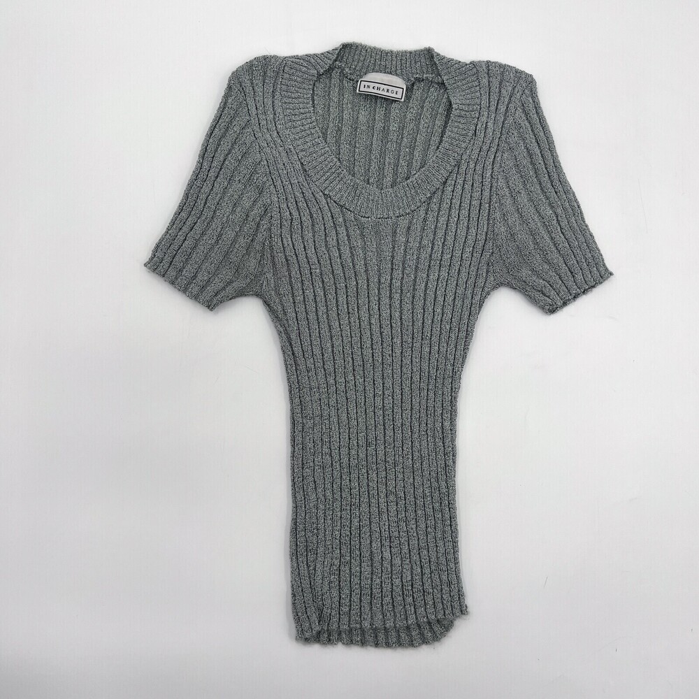 VINTAGE In Charge Shirt Womens Medium Gray Ribbed Cropped Stretch Short Sleeve